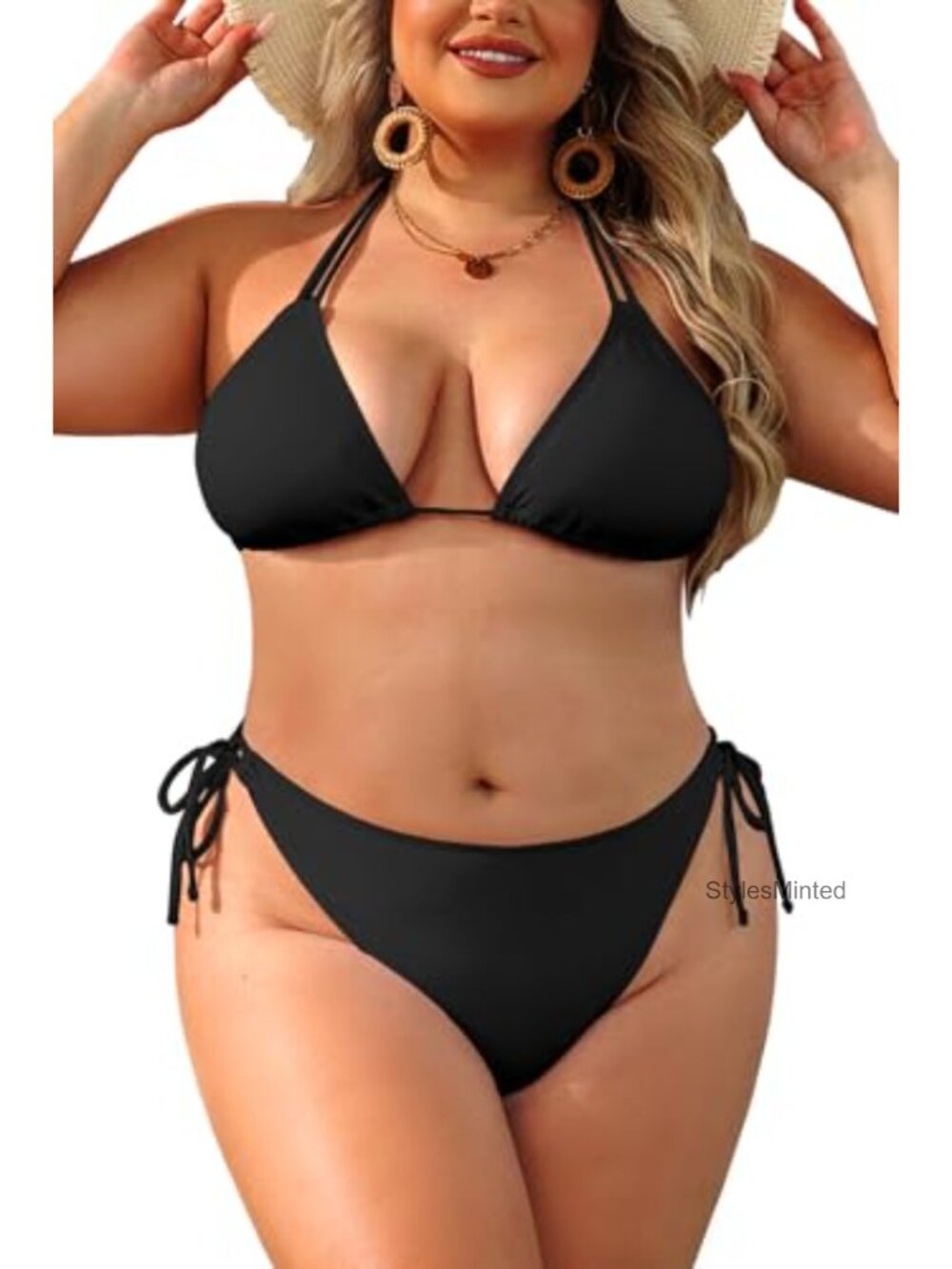 Plus Size Triangle Bikini Set Double Straps Halter Swimsuit Removable Pads